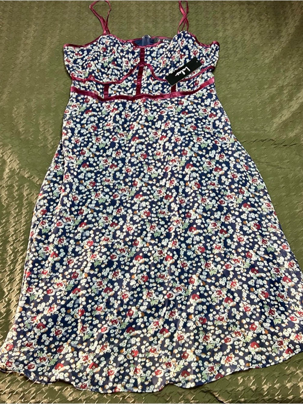 Lulu's Navy Floral Slip Dress with Burgundy Trim